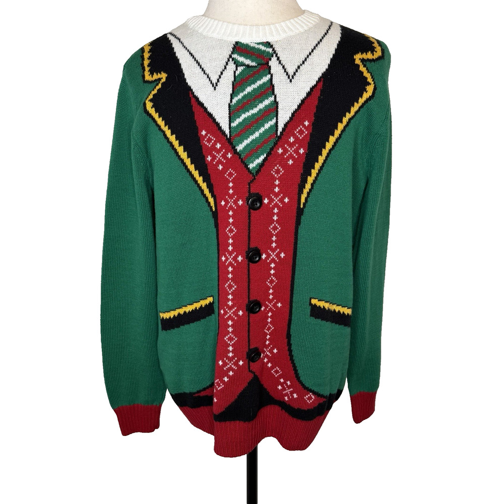 Ugly Christmas Sweater Men’s XL Pullover Crew Neck Vest & Tie Illusion
